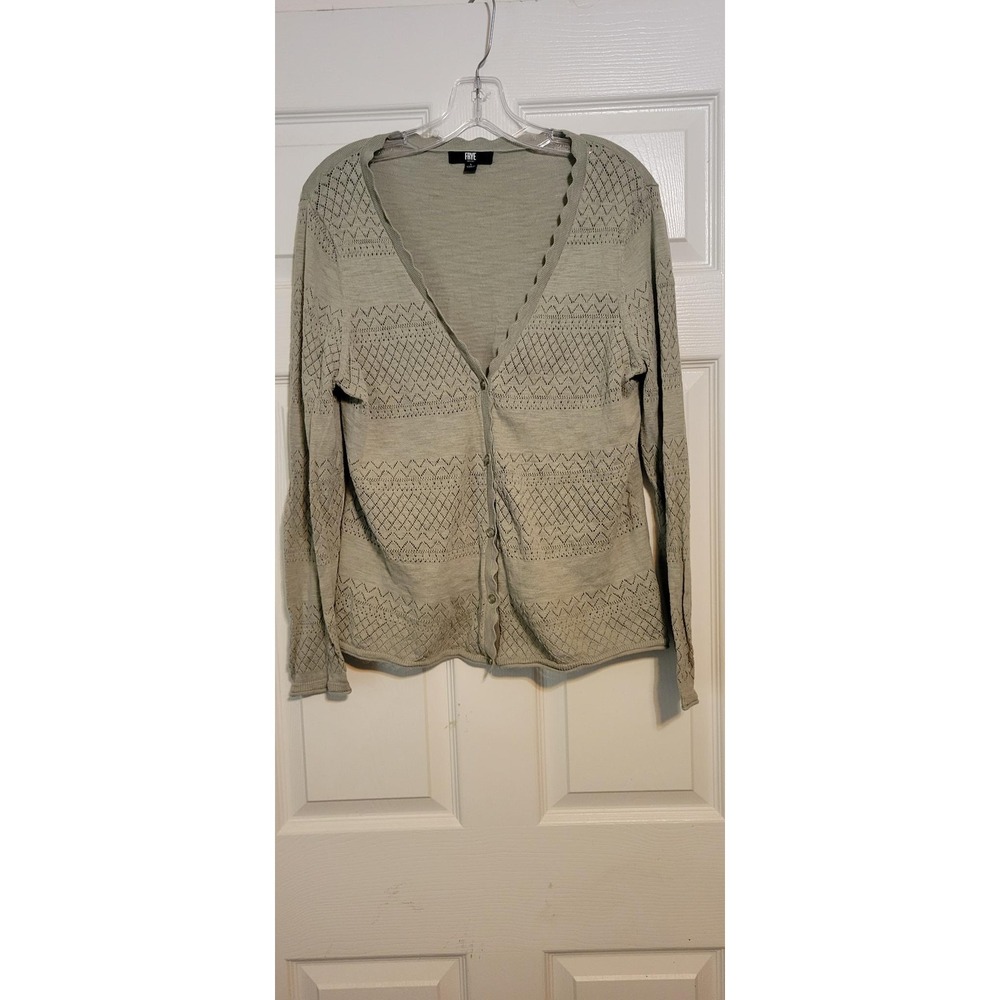 Frye Sage Green Pointelle Knit Scalloped Cotton Cardigan Sweater‎ Large